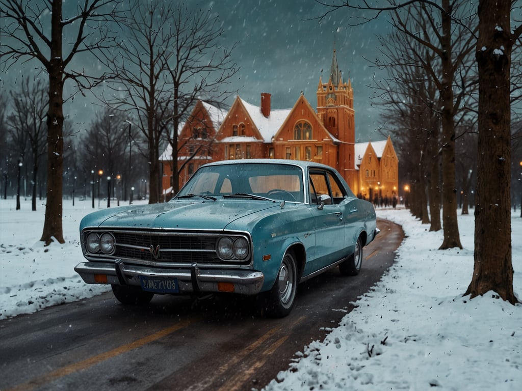 Auf dem Bild ist ein blauer Oldtimer auf einer schneebedeckten Straße zu sehen. Im Hintergrund ragt ein hübsches, historisches Gebäude mit roten Ziegeln hervor, umgeben von kahlen Bäumen. Die Szenerie vermittelt eine winterliche Atmosphäre mit Schneefall. Entdecke das Winterwunderland in der Autostadt Wolfsburg, wo solche malerischen Szenen und historische Automobile Teil des Charmes sind.