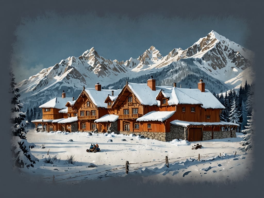 Das Bild zeigt eine malerische Alpenlandschaft mit einem wunderschönen Holzhaus, das von schneebedeckten Bergen umgeben ist. Die Umgebung ist winterlich, mit einer dicken Schneeschicht und hohen Tannenbäumen. Im Vordergrund sind Personen zu sehen, die mit einem kleinen Fahrzeug über den Schnee fahren. 

Entdecke den königlichen Winter mit Airelles - Luxus im Schnee.