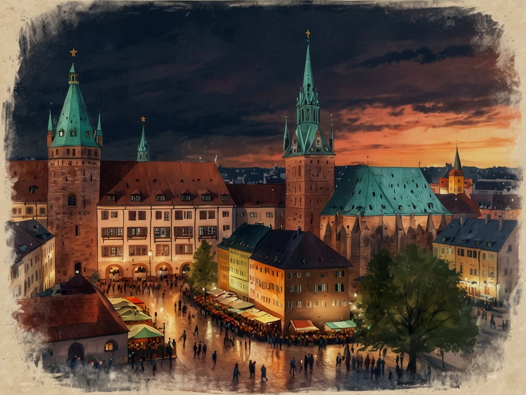 Auf dem Bild ist eine stimmungsvolle, nächtliche Darstellung einer Stadt mit historischen Gebäuden und Türmen zu sehen, die von Lichtern beleuchtet werden. Es scheint, als vereinigen sich viele Menschen in einer belebten Umgebung, möglicherweise während eines Marktes oder Festes. Um die festliche Stimmung zu betonen, könnte dies eine Szene am Nürnberger Christkindlesmarkt 2024 sein. Entdecke den magischen Nürnberger Christkindlesmarkt 2024!