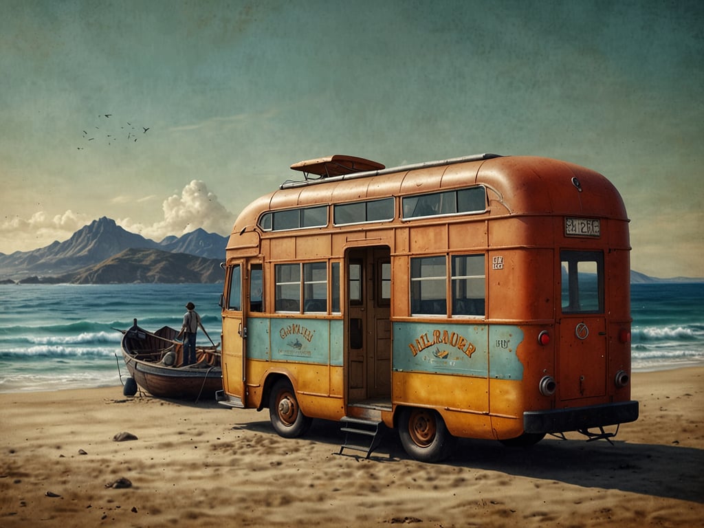 Auf dem Bild ist ein alter, orangefarbener Bus zu sehen, der am Strand steht. Im Hintergrund erstreckt sich das Meer mit Wellen und einer Berglandschaft. Ein Mann ist dabei, ein Boot ins Wasser zu bringen. Die Szenerie wirkt malerisch und ruhig. 

Entdecke die 10 besten Reiseziele für 2024 - Jetzt klicken[1][3][4].