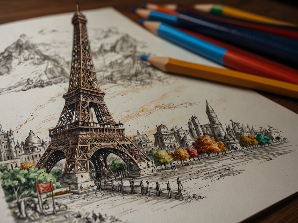 Auf dem Bild ist eine hübsche Zeichnung des Eiffelturms zu sehen, umgeben von weiteren architektonischen Elementen und einer Landschaft mit bunten Bäumen. Es scheint eine künstlerische Darstellung eines Stadtbilds zu sein. Entdecke die 10 besten Reiseziele für 2024 - Jetzt klicken.