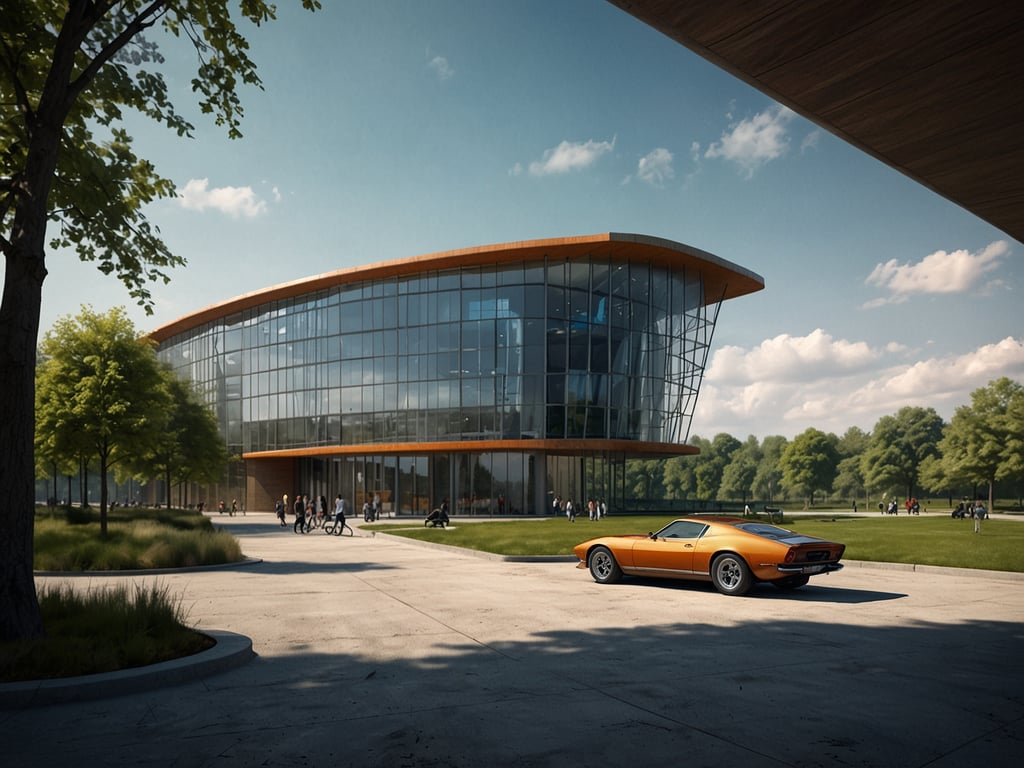 Auf dem Bild ist ein modernes, architektonisch interessantes Gebäude zu sehen, das von grünen Bereichen und Bäumen umgeben ist. Vor dem Gebäude steht ein orangefarbenes Auto, das sicherlich die Aufmerksamkeit auf sich zieht. Menschen sind auf dem Weg zum Gebäude oder bewegen sich in der Umgebung. Diese Szene vermittelt ein Gefühl von Automobil-Kultur und Erlebnis, was perfekt zu dem Motto „Entdecke die Autostadt: 25 Jahre Automobil-Kultur und Erlebnis“ passt. Es zeigt den Einfluss des Automobils auf die Architektur und die Gestaltung öffentlicher Räume.