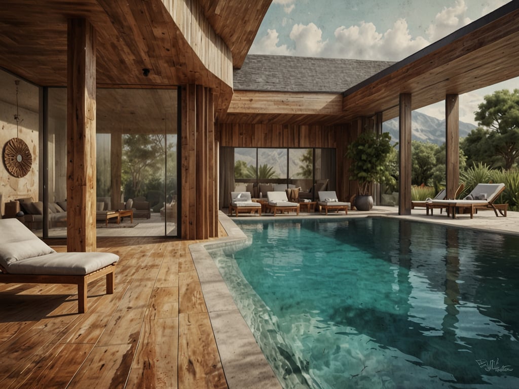 Auf dem Bild ist eine elegante Wellness-Oase zu sehen. Es zeigt einen Swimmingpool, der von einem modernen, offenen Raum mit Holzverkleidungen umgeben ist. Die Atmosphäre ist entspannt und einladend, mit Liegestühlen und schönen Pflanzen im Hintergrund. Diese Art von Umgebung spiegelt perfekt die besten Wellness-Oasen wider, die bei den DACH Spa Awards 2024 ausgezeichnet wurden. Entdecke die besten Wellness-Oasen für ein unvergessliches Entspannungserlebnis!