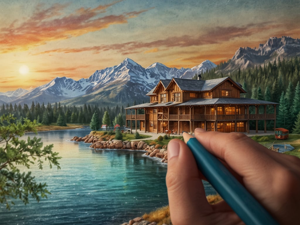 Auf dem Bild ist eine malerische Landschaft zu sehen, die ein großes Holzhaus am Ufer eines ruhigen Sees zeigt, umgeben von hohen Bergen und dichten Wäldern. Die Szenerie wird von der warmen Abendsonne beleuchtet, die einen goldenen Schimmer über das Wasser wirft. Eine Hand hält einen Buntstift und scheint zu zeichnen, was dem Bild einen kreativen Touch verleiht.

Entdecke die perfekten Weihnachtsreisen mit weloveholidays und genieße solch wunderschöne Landschaften in der Natur!