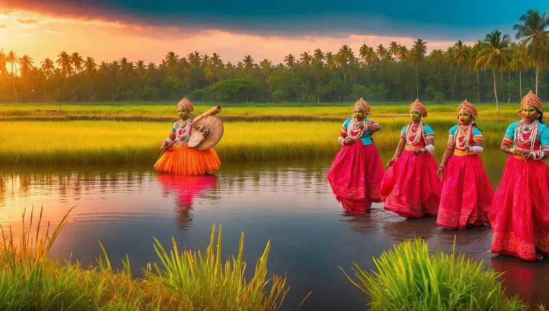 Performer in traditionellem Kathakali-Kostüm mit aufwendigem goldenem Kopfschmuck, bemaltem Gesicht, rotem Gewand und farbigen Federketten vor indischem Tempel und Bergen.