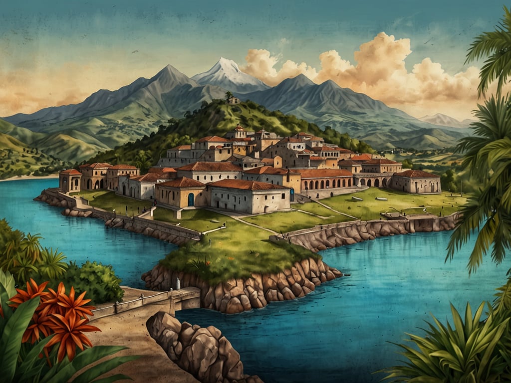 Auf dem Bild ist eine malerische Landschaft zu sehen, die eine historische Architektur und eine Uferlinie zeigt. Im Vordergrund erstreckt sich ein hellblaues Gewässer, umgeben von einer hügeligen Landschaft und grünen Pflanzen. Auf einem Hügel befindet sich eine Siedlung mit mehreren Gebäuden, die sich harmonisch in die Umgebung einfügen. Im Hintergrund erheben sich majestätische Berge unter einem klaren Himmel mit einigen Wolken.

Entdecke Lateinamerika in Antigua – dieser Ort strahlt eine besondere Atmosphäre aus, die sowohl Geschichte als auch natürliche Schönheit kombiniert.