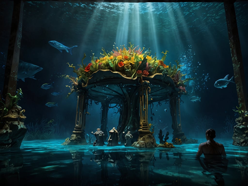 Auf dem Bild ist eine beeindruckende Unterwasserlandschaft zu sehen, die an ein magisches und tropisches Setting erinnert. In der Mitte steht eine kunstvoll gestaltete Plattform mit bunten Pflanzen und Blumen, umgeben von klarblauem Wasser. Rundherum schwimmen Fische und es gibt eine geheimnisvolle, beruhigende Atmosphäre, die von Lichtstrahlen durchdrungen ist, die von der Wasseroberfläche herunterfallen. 

Entdecke LUDÕ: Die epischste Wasser-Dinner-Show in Mexiko – hier kannst du ein unvergessliches Erlebnis unter Wasser genießen, umgeben von faszinierenden Meereslebewesen und atemberaubenden Kulissen!