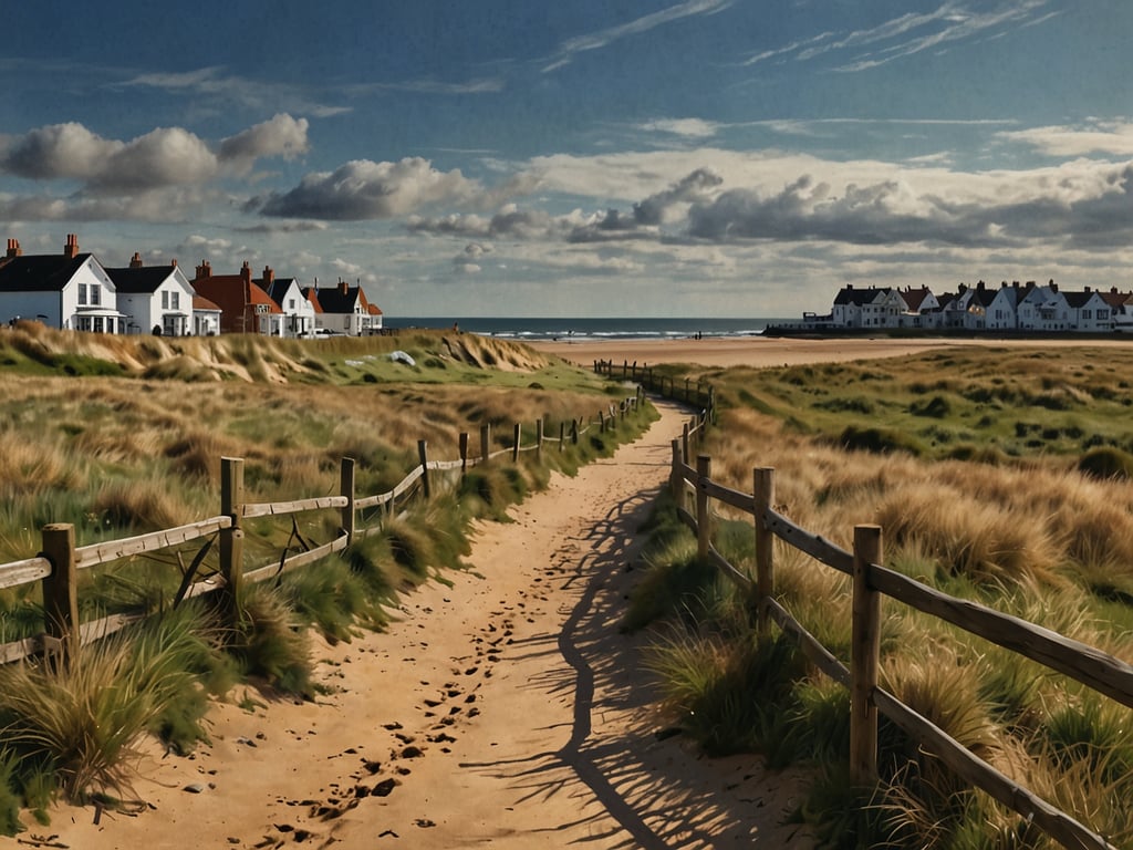 Auf dem Bild ist ein malerischer Küstenweg zu sehen, der durch sanfte Dünenlandschaften führt. Auf der linken Seite erkennt man weiße Häuser mit roten Dächern, die direkt am Strand stehen. Der Himmel ist blau mit einigen Wolken, und der Strand im Hintergrund erstreckt sich bis zum Meer. Dies könnte eine perfekte Kulisse sein, um Ed Sheeran's neuen Weihnachtshit zu hören und sich dabei in die entspannte Atmosphäre von Southwold zu versetzen.