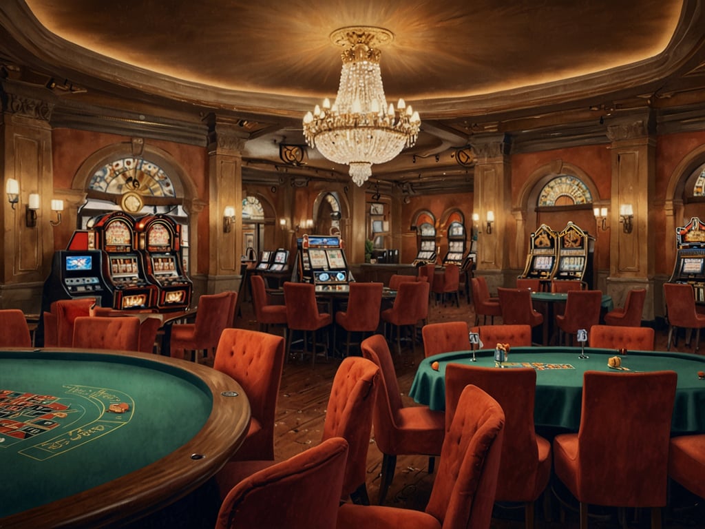 Auf dem Bild ist ein elegantes Casino zu sehen, das eine luxuriöse Atmosphäre ausstrahlt. Man erkennt ein Spieltisch mit grünem Filz, auf dem Roulette gespielt wird, sowie mehrere Spielautomaten im Hintergrund. Die mit roten Stühlen ausgestattete Umgebung und die stilvolle Beleuchtung verleihen dem Raum ein gehobenes Ambiente. Entdecke Spaniens beste Casinos: Glücksspiel, Luxus und Unterhaltung bieten hier eine einzigartige Erfahrung für alle, die aufregende Unterhaltung in einer luxuriösen Umgebung suchen.