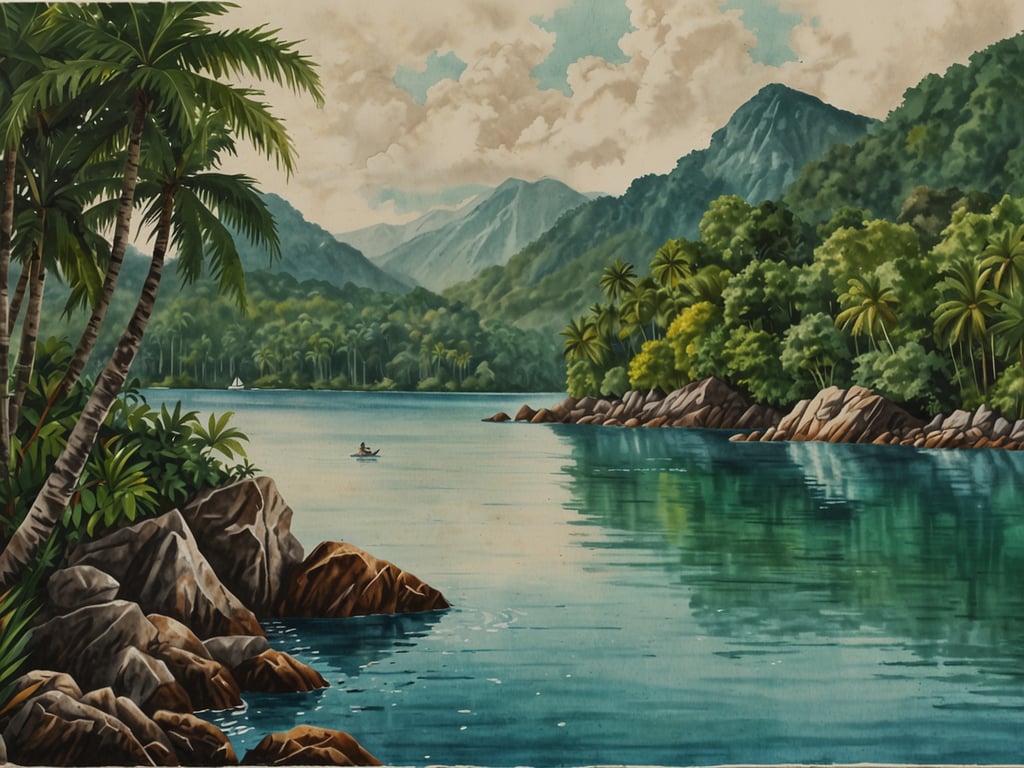 Auf dem Bild ist eine malerische Küstenlandschaft zu sehen, die eine ruhige Lagune mit grünem Wasser und sanften Bergen im Hintergrund zeigt. Die Uferlinien sind von üppiger Vegetation und Palmen gesäumt. Außerdem ist ein kleines Boot auf dem Wasser zu erkennen. Diese idyllische Szenerie erinnert an die atemberaubenden Naturlandschaften von St. Kitts, einem perfekten Ort für Paare, die Liebe und Romantik in einer traumhaften Umgebung erleben möchten. Entdecke St. Kitts: Das perfekte Liebe-Paradies für Paare!