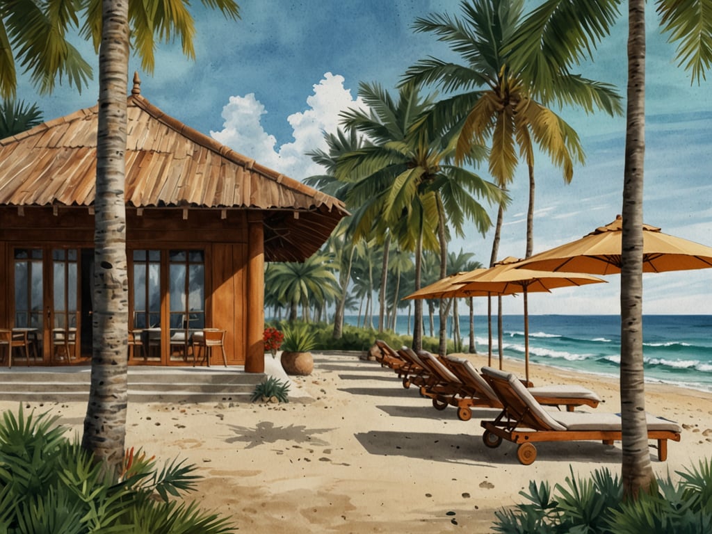 Auf dem Bild ist ein malerischer Strandabschnitt zu sehen, der an das Meliá Ho Tram Beach Resort in Vietnam erinnert. Die Szene zeigt eine einladende Strandlandschaft mit Liegestühlen und Sonnenschirmen, umgeben von Palmen und tropischer Vegetation. Im Hintergrund ist der Ozean sichtbar, der sanfte Wellen schlägt. Dieses Setting vermittelt eine entspannte Atmosphäre und lädt dazu ein, die Schönheit und den Luxus des Resorts zu entdecken.