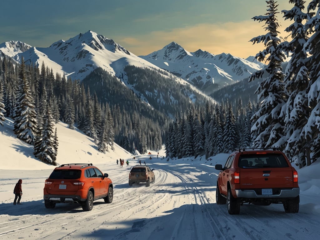 Auf dem Bild ist eine verschneite Landschaft zu sehen, die von hohen Bergen und dichten, schneebedeckten Nadelbäumen umgeben ist. Zwei orangefarbene SUVs fahren auf einem verschneiten Weg, während einige Menschen am Straßenrand unterwegs sind. Diese Szenerie vermittelt ein Gefühl von Abenteuer und winterlicher Schönheit. Entdecke Whistlers ultimatives Winterabenteuer 24/25 für ein unvergessliches Erlebnis im Schnee!