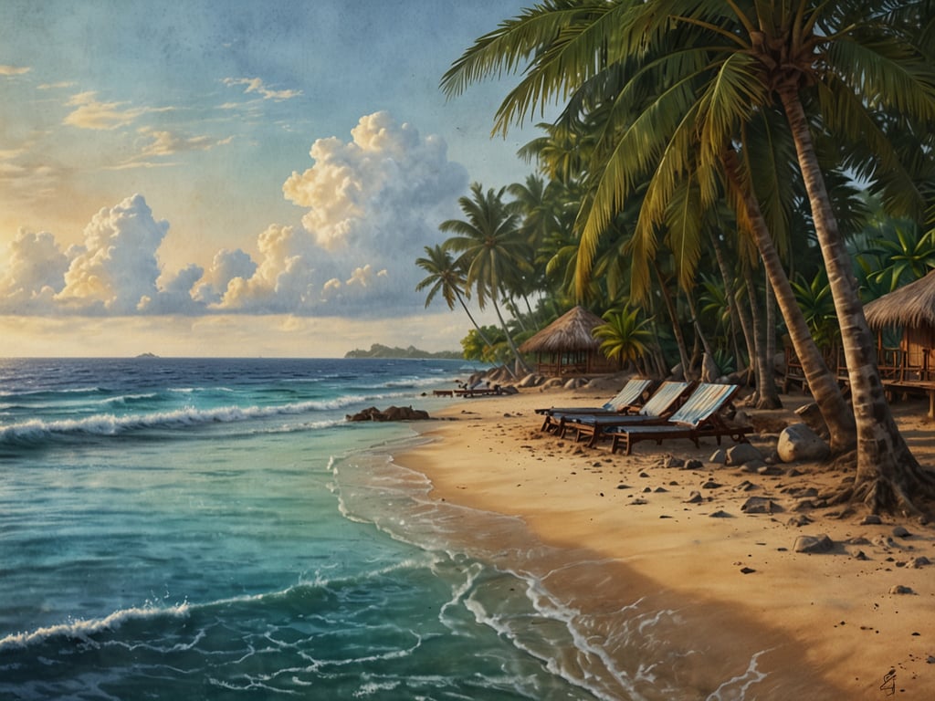 Auf dem Bild ist eine wunderschöne tropische Strandlandschaft zu sehen, die perfekt für einen Sonnenurlaub geeignet ist. Die sanften Wellen des klaren, türkisfarbenen Wassers rollen sanft zum Ufer, wo sich ein feiner Sandstrand befindet. Umgeben von Palmen und tropischer Vegetation laden Liegen zum Entspannen ein. Das Bild vermittelt eine friedliche Atmosphäre, ideal, um dem Winter zu entfliehen. Belize wird hier als das Paradies für Sonnenhungrige dargestellt, wo die Sonne und die Natur in harmonischer Schönheit zusammentreffen.