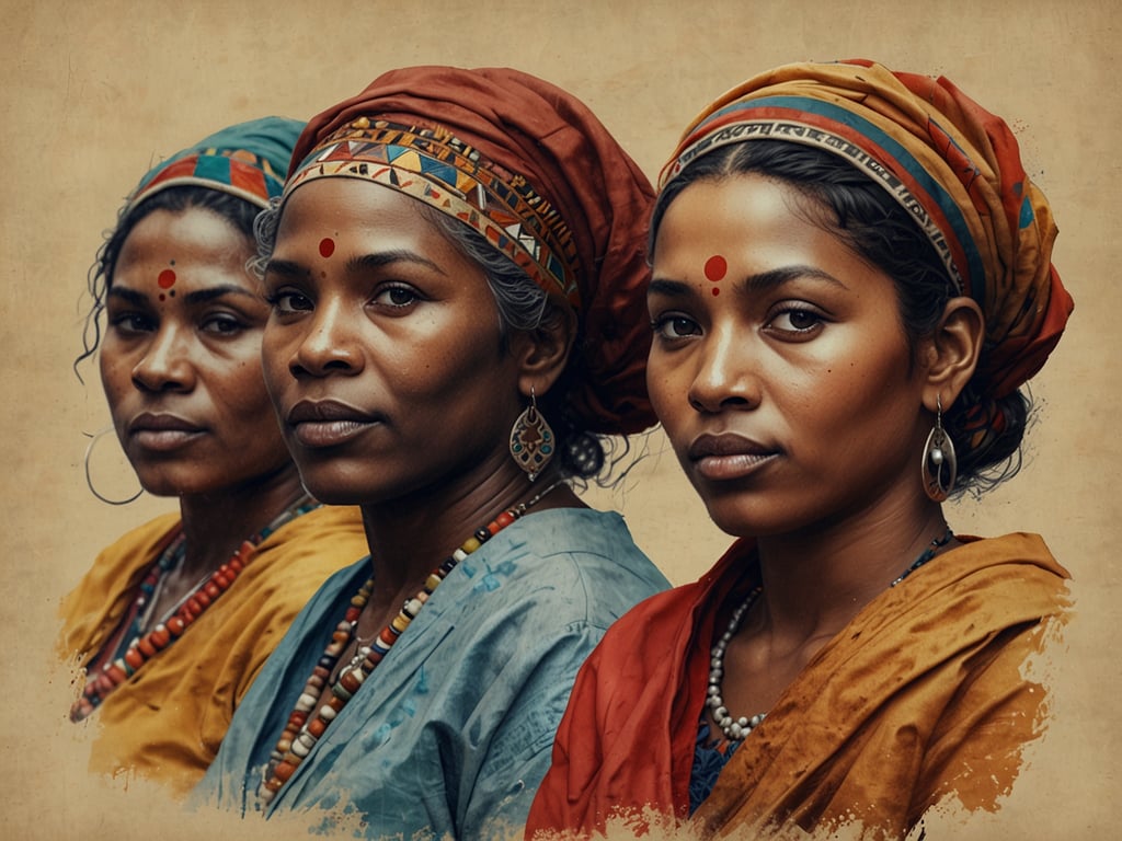 Auf dem Bild sind drei Frauen zu sehen, die traditionell gekleidet sind. Sie tragen farbenfrohe Stoffe und Kopfbedeckungen, die in vielen Kulturen ein Zeichen von Identität und Tradition sind. Die roten Punkte auf ihren Stirnen, oft als 