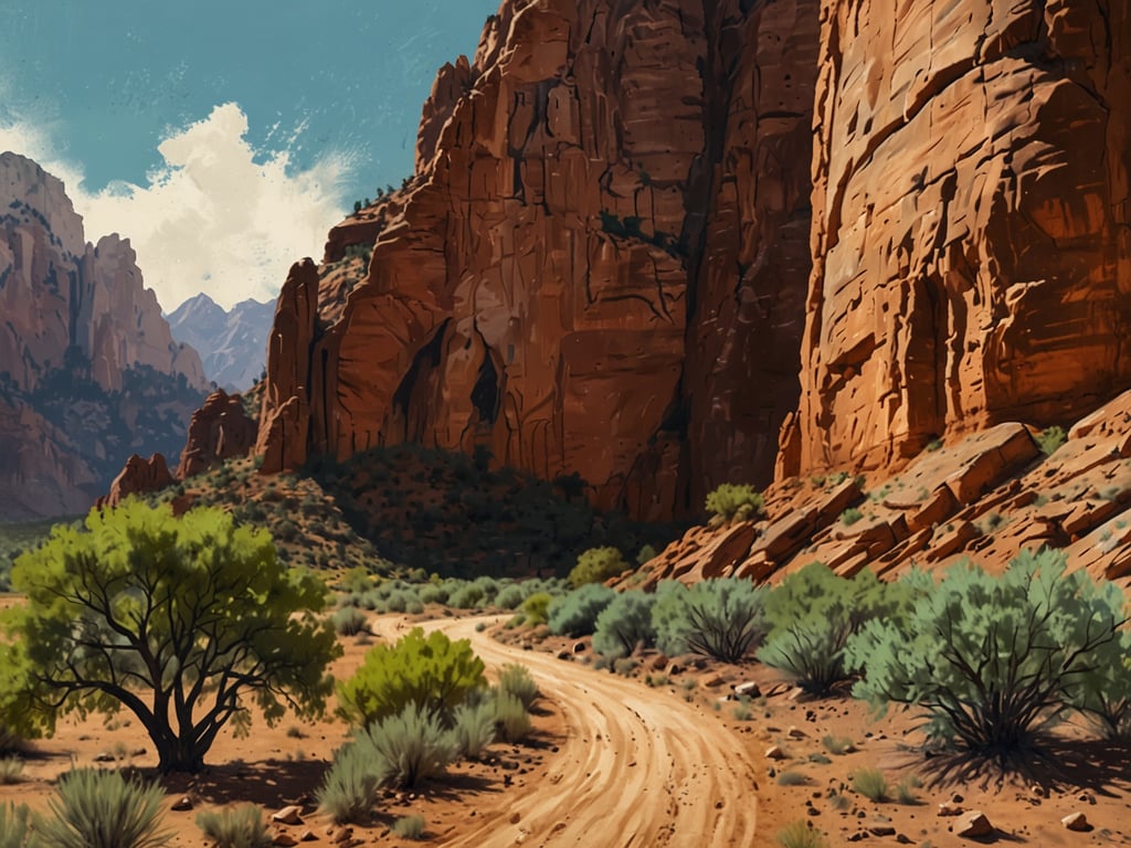 Auf dem Bild sind beeindruckende Felsformationen und eine unbefestigte Straße zu sehen, die durch eine trockene Landschaft führt. Die Umgebung zeigt typisches Wüsten- und Buschland, mit einigen grünen Pflanzen, die Kontrast zu den roten Felsen bieten. Es wirkt, als wäre dies ein Teil des Zion Nationalparks, der für seine atemberaubenden Ausblicke und Wanderwege bekannt ist. 

Erkunde Zion: Red Cliffs Lodge Zion jetzt geöffnet!
