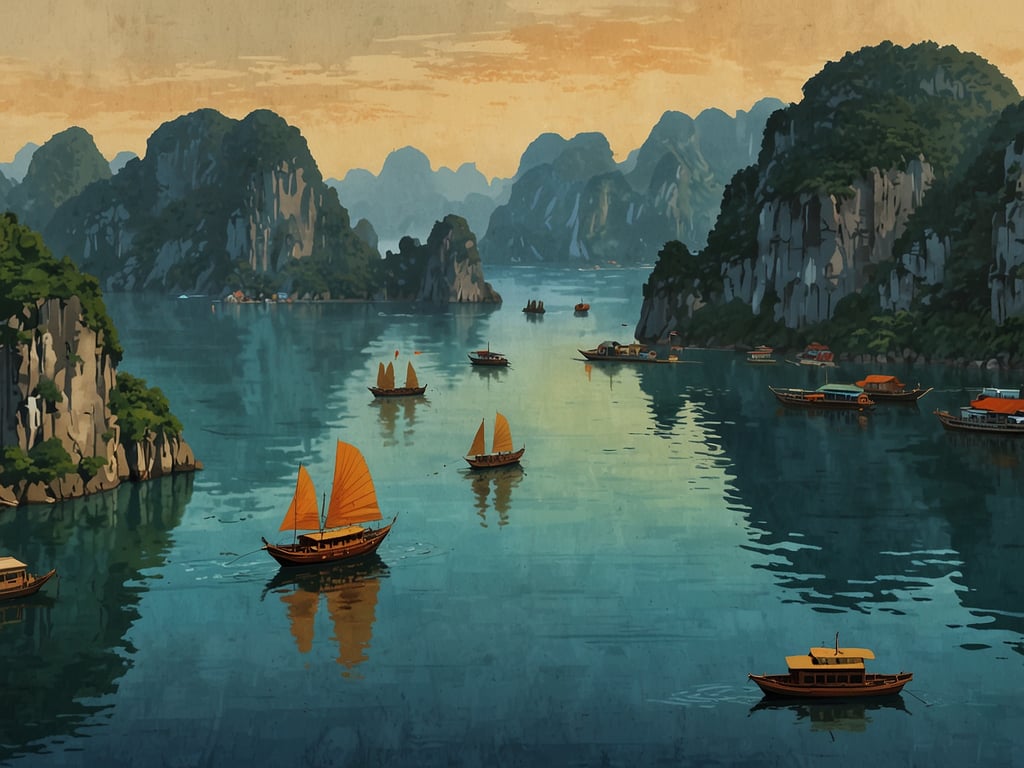 Auf dem Bild ist eine malerische Ansicht von Ha Long Bay zu sehen, einer der bekanntesten Sehenswürdigkeiten Vietnams. Die Szenerie zeigt große, grüne Karstfelsen, die aus dem klaren Wasser ragen. Mehrere traditionelle Holzboote mit auffälligen roten Segeln sind auf dem Wasser zu sehen und spiegeln sich in der ruhigen Wasseroberfläche. 

Erlebe Ha Long Bay im ersten vietnamesischen Hyatt Place Hotel und genieße die atemberaubende Landschaft und die kulturellen Highlights dieser einzigartigen Region!