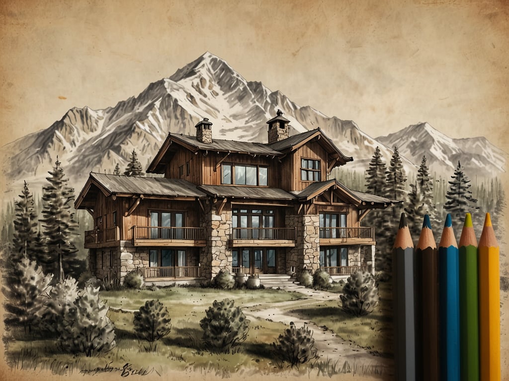 Auf dem Bild ist ein stilisiertes, malerisches Chalet zu sehen, umgeben von Bäumen und Bergen. Es zeigt eine rustikale Holzkonstruktion mit Steinelementen. Die Farbpalette ist warm und einladend, während die Bleistifte am Rand des Bildes das Gefühl von Kreativität und Gestaltung verstärken. 

Erlebe Luxus und Abenteuer: Grand Hyatt Deer Valley jetzt offen.