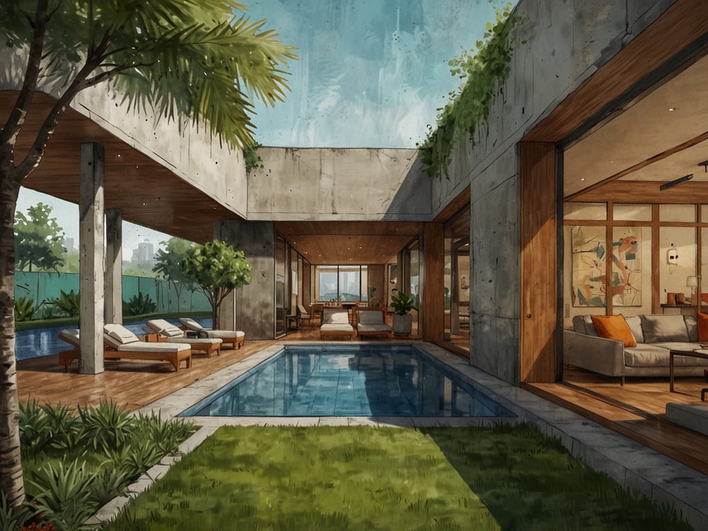 Auf dem Bild ist ein moderner Innenhof mit einem Pool zu sehen, umgeben von Pflanzen und stilvollen Möbeln. Die Architektur verbindet Holz und Beton und schafft so eine harmonische Atmosphäre. Man kann sich gut vorstellen, dass dieser Ort ein Beispiel für nachhaltigen Luxus ist. Erlebe Nachhaltigen Luxus: 1 Hotel Seattle eröffnet im April 2025.