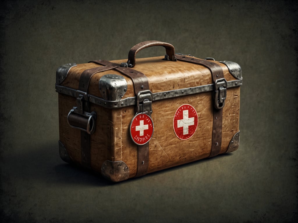 Auf dem Bild ist ein Erste-Hilfe-Set zu sehen, das aus einem Koffer besteht. Der Koffer hat einen robusten, vintage-artigen Look und ist mit Metallbeschlägen verstärkt. Zudem trägt er einige auffällige rote Aufkleber mit einem weißen Kreuz, was auf seine Funktion als medizinisches Notfallset hinweist.