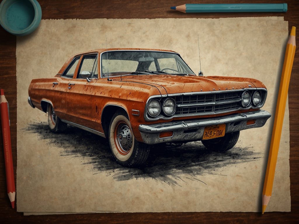 Auf dem Bild ist ein klassisches Auto zu sehen, das in einem orangefarbenen Farbton lackiert ist. Es handelt sich um eine Illustration, die den Wagen detailliert darstellt, mit Augenmerk auf die Karosseriestruktur und die Räder. Im Hintergrund sind Bleistifte und ein Farbtopf sichtbar, was darauf hindeutet, dass es sich um eine Zeichnung oder Skizze handelt. Die gesamte Komposition vermittelt eine künstlerische Atmosphäre.