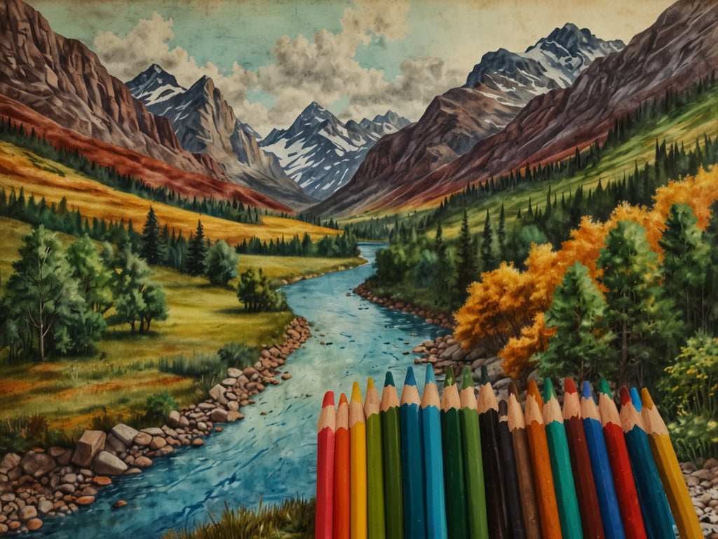 Auf dem Bild ist eine wunderschöne Landschaft mit Bergen, einem ruhigen Fluss und üppigem Grün zu sehen. Die Farben des Gemäldes sind lebendig und schaffen eine einladende Atmosphäre. 

Positive Gästebewertungen könnten lauten: 

