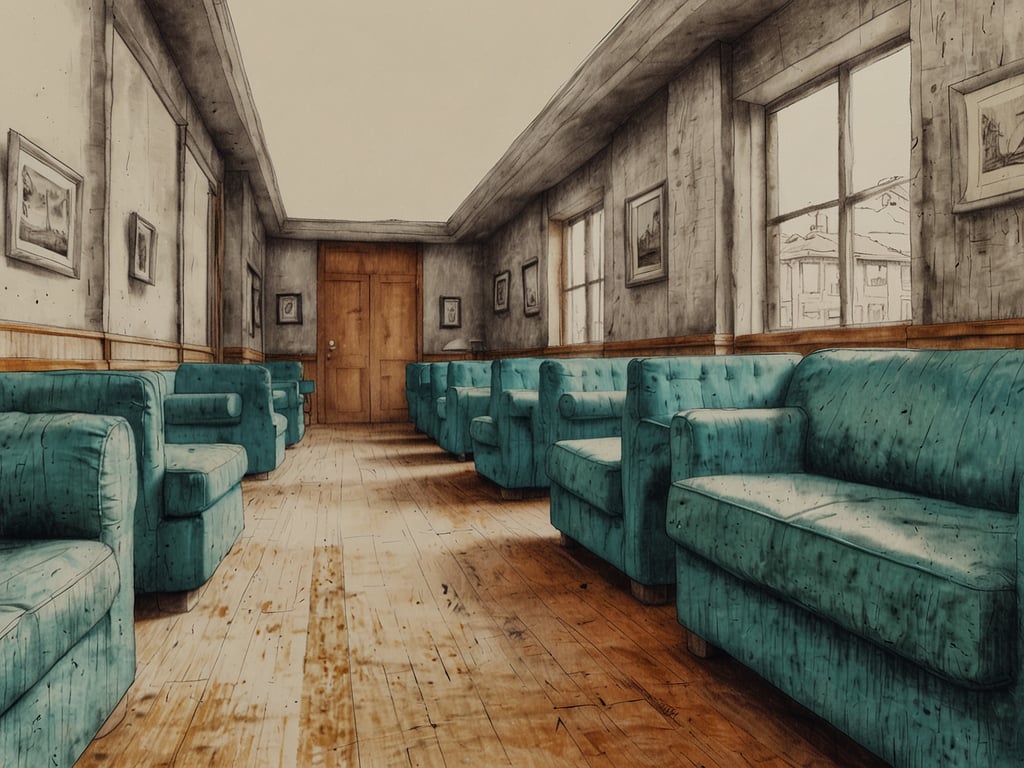Das Bild zeigt einen Raum mit mehreren türkisfarbenen Sofas, die in einer eher minimalistischen und rustikalen Umgebung angeordnet sind. Der Boden ist aus Holz und die Wände sind karg gestaltet, was dem Raum eine gemütliche, aber gleichzeitig moderne Atmosphäre verleiht. 

Im Rahmen des Konzepts von Essential by Dorint könnte dieser Raum als eine einfache, jedoch einladende Lounge interpretiert werden, die dazu dient, Gästen eine entspannte Auszeit zu bieten. Die Kombination aus Farben und Materialien spiegelt den Fokus auf Funktionalität und Komfort wider, während die schlichte Gestaltung für eine angenehme, unaufdringliche Umgebung sorgt.