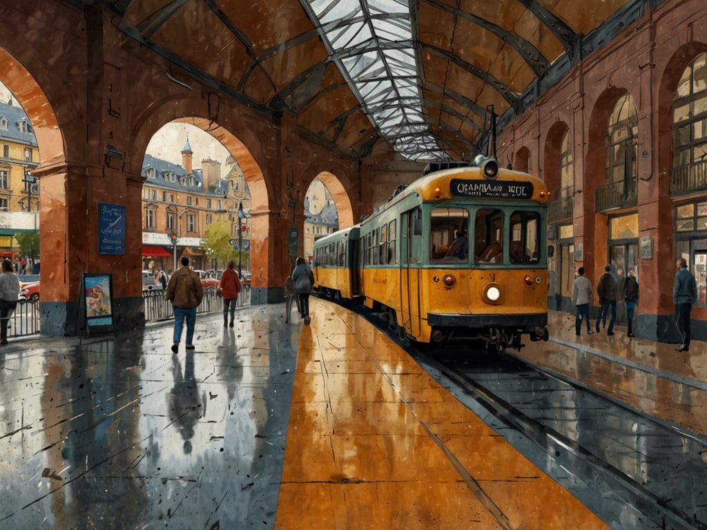Auf dem Bild ist eine Straßenbahnhaltestelle zu sehen, an der eine gelbe Straßenbahn steht. Die Architektur des Ortes zeigt große Bögen und ein gewölbtes Dach, was auf eine zentrale Lage und eine historische Bauweise hindeutet. Der Bereich scheint stark frequentiert zu sein, mit Fußgängern, die sich unter dem Dach bewegen. Dies könnte auf eine gute Anbindung an den öffentlichen Nahverkehr hinweisen, ähnlich wie in Düsseldorf, wo zentrale Haltestellen oft stark besucht sind und eine wichtige Rolle im Verkehrsnetz spielen. Die gesamte Atmosphäre vermittelt einen lebhaften urbanen Charakter.