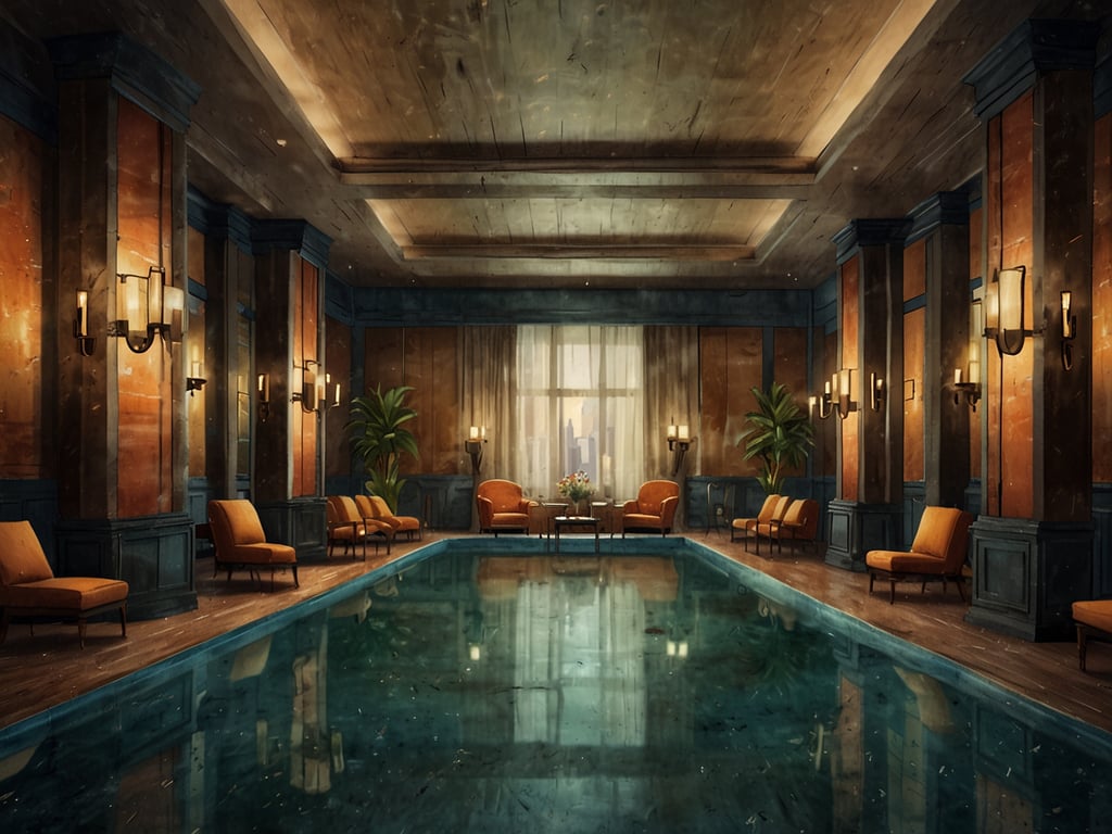 Auf dem Bild sieht man einen eleganten und stilvollen Bereich eines Hotels, der eine Kombination aus traditioneller Hotelkultur und moderner Innovation verkörpert. Der Raum ist geprägt von warmen Farben, eleganten Möbeln und einem ansprechenden Pool, der sich harmonisch in die Umgebung einfügt.

Die Wände sind mit historischen Elementen und Lichtern ausgestattet, die ein Gefühl von Gemütlichkeit und Tradition vermitteln. Gleichzeitig sorgt die offene Fensterfront, die einen Blick auf die Stadt ermöglicht, für einen modernen Touch und eine erfrischende Atmosphäre. Die Pflanzen bringen ein Element der Natur hinein, während die bequemen Sessel einladend wirken und dazu einladen, sich zu entspannen. Insgesamt strahlt der Raum einen Hauch von Luxus und Eleganz aus, der Gäste sowohl in der Tradition als auch in der Innovation willkommen heißt.