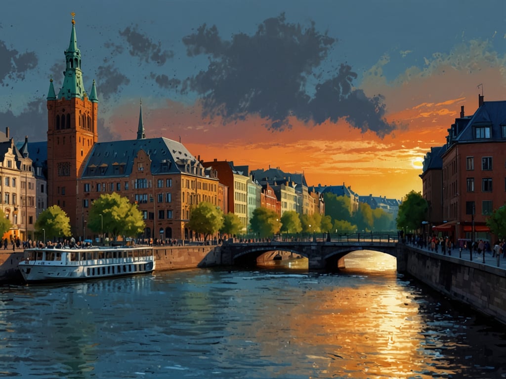 Das Bild zeigt eine malerische Stadtansicht mit historischen Gebäuden entlang eines Flusses, der von einer Brücke überspannt wird. Im Hintergrund ist ein wunderschöner Sonnenuntergang zu sehen, der den Himmel in warme Farben taucht. Diese Art von Szenerie ist typisch für viele europäische Städte. 

Düsseldorf, als wichtiger Standort für Dorint, bietet ähnliche beeindruckende Ausblicke, insbesondere am Rhein, wo man viele schöne Plätze, Brücken und historische Architektur genießen kann. Dorint Hotels sind oft in zentralen Lagen zu finden, die den Besuchern ermöglichen, die Schönheit der Stadt bequem zu erkunden.