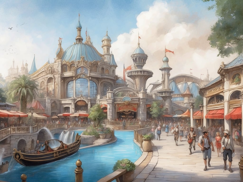 Auf dem Bild ist eine malerische Szene zu sehen, die an die Themenarchitektur im Europa-Park erinnert. Der große, prunkvolle Bau mit der blauen Kuppel könnte an die 