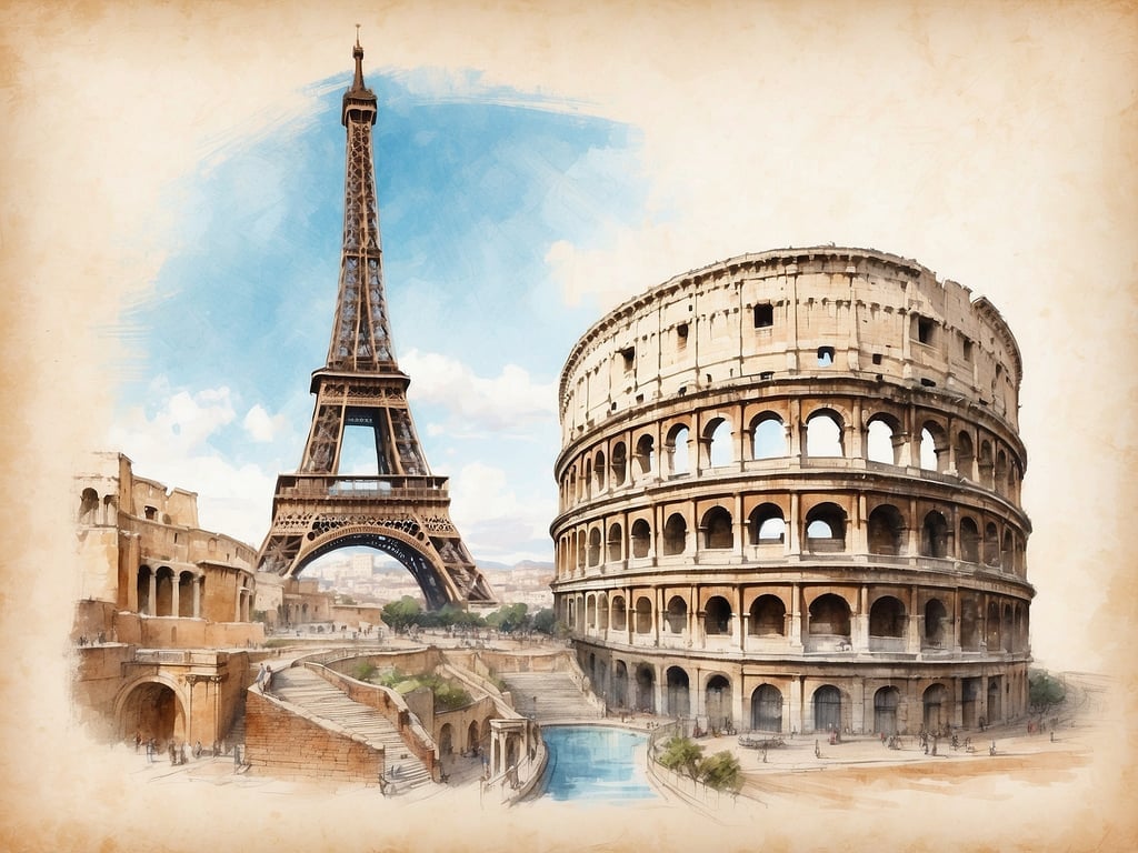 Auf dem Bild sind zwei der bekanntesten Sehenswürdigkeiten Europas zu sehen: der Eiffelturm in Paris und das Kolosseum in Rom. Der Eiffelturm ist ein Symbol für die romantische Stadt Paris, während das Kolosseum eines der beeindruckendsten antiken Bauwerke in Rom ist. Beide Orte sind beliebte Reiseziele und ziehen jährlich Millionen von Touristen an.