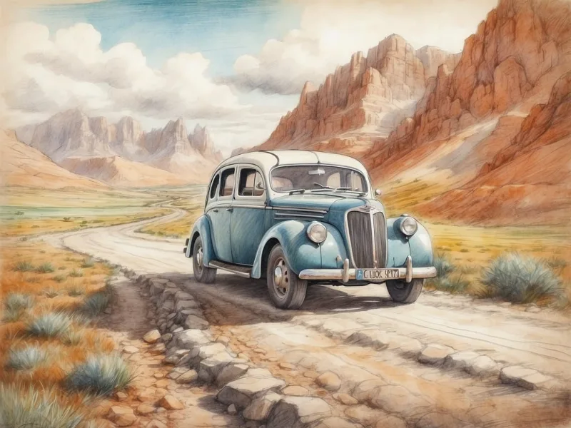 Illustration: Vintage-Käfer parkt in enger europäischer Altstadt-Gasse mit Steingebäuden, Blumenkübeln und majestätischem Berg im Hintergrund unter Wolkenhimmel