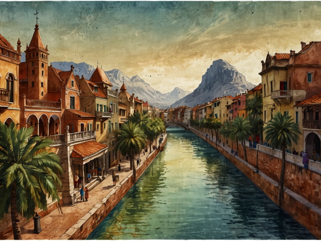 Auf dem Bild ist eine malerische Stadtansicht zu sehen. Die Szenerie zeigt entlang eines Kanals verschiedene Gebäude im italienischen Stil, viele mit roten Ziegeldächern. Palmen säumen den Kanal, der von den Bergen im Hintergrund umgeben ist. Die gesamte Atmosphäre vermittelt ein Gefühl von Ruhe und Schönheit, während Spaziergänger die Uferpromenade entlang schlendern. Diese Bildkomposition lädt zu einer Exkursion ein, um die Architektur und die natürliche Umgebung zu erkunden, die hier harmonisch miteinander verschmelzen.