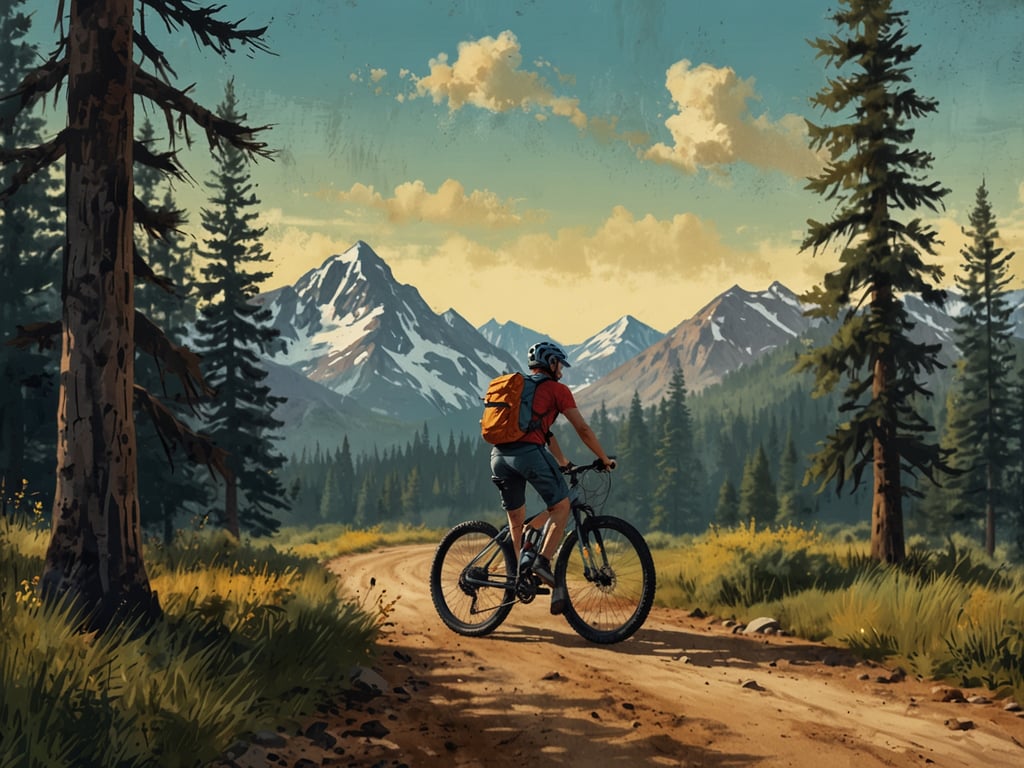 Auf dem Bild ist ein Fahrradfahrer zu sehen, der in einer wunderschönen, bergigen Landschaft unterwegs ist. Die Szenerie zeigt hohe Berge im Hintergrund, umgeben von Wäldern und einer abwechslungsreichen Landschaft. Diese Kulisse könnte ideal für Fahrradcamping sein, da der Fahrer die Natur erkundet und sich auf einem abgelegenen Weg befindet, perfekt für abenteuerliche Übernachtungen unter freiem Himmel. Die Atmosphäre strahlt Ruhe und Freiheit aus, die viele Radfahrer beim Camping in der Natur suchen.