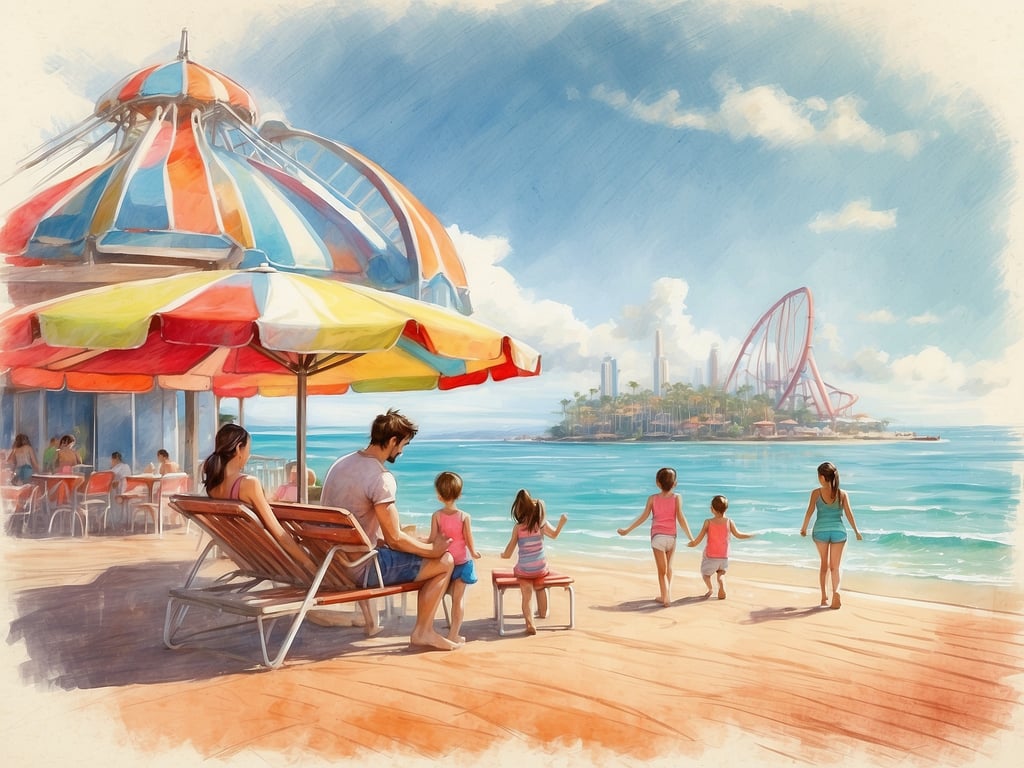 Auf dem Bild sind eine Familie und Kinder am Strand zu sehen, die sich entspannen und das Meer genießen. In Venetien gibt es viele Freizeitmöglichkeiten für Familien, wie zum Beispiel:

1. **Strände**: Die Küstenorte wie Lido di Jesolo oder Caorle bieten Spielplätze am Strand und viele Wassersportmöglichkeiten.
2. **Gardaland**: Ein großer Freizeitpark, der zahlreiche Attraktionen für alle Altersgruppen hat.
3. **Venezia**: Die historische Stadt Venedig lädt zu aufregenden Bootstouren und Erkundungen ein.
4. **Naturparks**: Der Nature Park 