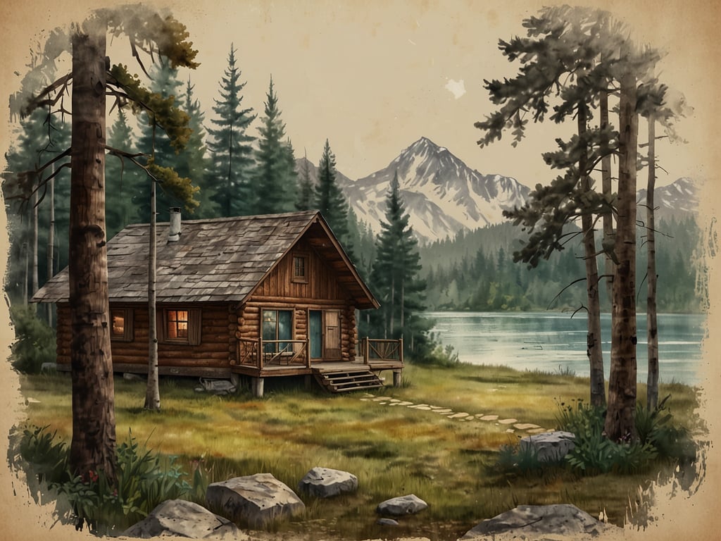Auf dem Bild ist eine gemütliche Familienkabine in der Natur zu sehen. Sie steht in einer malerischen Umgebung mit hohen Bäumen und einem ruhigen Gewässer im Vordergrund. Im Hintergrund erheben sich majestätische Berge, was eine friedliche und idyllische Atmosphäre schafft. Die Kabine hat einen rustikalen Charme mit Holzverschalung und einem kleinen Balkon, von dem aus man die Umgebung genießen kann.