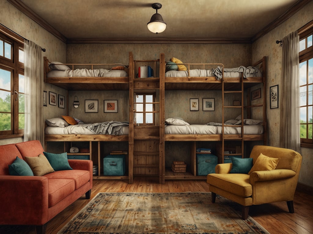 Auf dem Bild ist ein gemütliches Familienzimmer zu sehen. Es gibt zwei Etagenbetten, die Platz für vier Personen bieten. Daneben stehen ein rotes Sofa mit bunten Kissen und ein gelbes Sessel. Die Wände sind mit Bildern dekoriert, und es gibt große Fenster, die Tageslicht hereinlassen. Der Boden ist aus Holz, und ein Teppich sorgt für zusätzliche Gemütlichkeit.