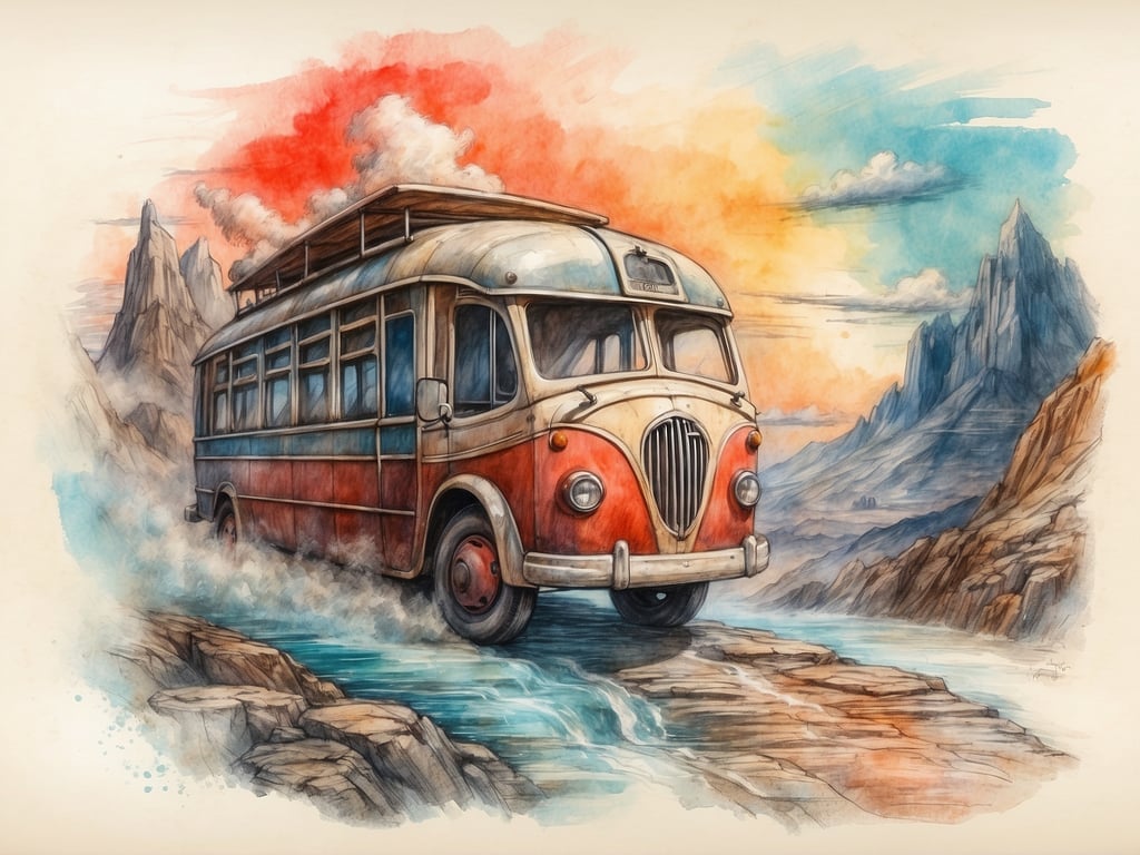 Auf dem Bild ist ein nostalgischer, roter Bus zu sehen, der durch eine malerische Landschaft fährt, umgeben von Bergen und Wasser. In Anlehnung an die Geschichte von 