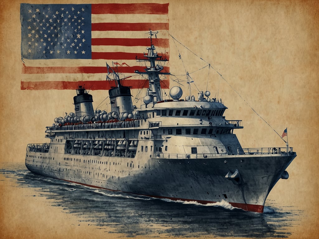 Auf dem Bild ist ein Kreuzfahrtschiff zu sehen, das auf See fährt. Im Hintergrund prangt die amerikanische Flagge, was darauf hindeutet, dass es in Zusammenhang mit den Feierlichkeiten zum 250. Geburtstag Amerikas steht. Das Bild vermittelt ein Gefühl von patriotischer Feierlichkeit und festlicher Stimmung auf dem Wasser, möglicherweise im Rahmen einer speziellen Carnival-Veranstaltung.