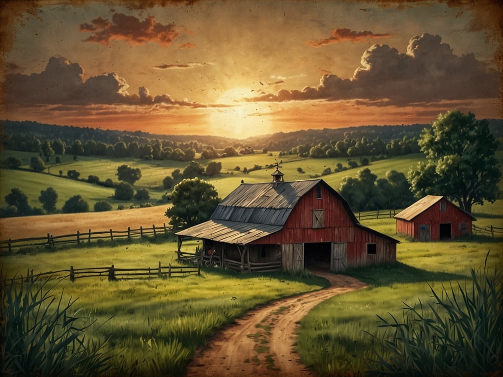 Auf dem Bild ist eine idyllische ländliche Landschaft zu sehen. Es zeigt einen Bauernhof mit roten Scheunen, umgeben von saftigem, grünem Gras und sanften Hügeln. Der Sonnenuntergang färbt den Himmel in warmen Farben und verleiht der Szenerie eine friedliche Atmosphäre. Solch eine Umgebung eignet sich perfekt für Ferien auf dem Bauernhof, wo man die Natur genießen, Tiere füttern und die Ruhe des Landlebens erleben kann.