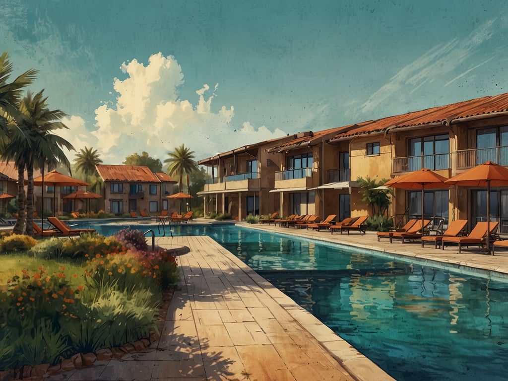 Auf dem Bild ist eine Ferienanlage zu sehen. Es gibt einen großen Pool, umgeben von Liegen mit Sonnenschirmen. Die Gebäude haben eine ansprechende Architektur und sind von Palmen und blühenden Pflanzen umgeben. Am Himmel sind einige Wolken zu sehen, was eine entspannte Urlaubsatmosphäre schafft.