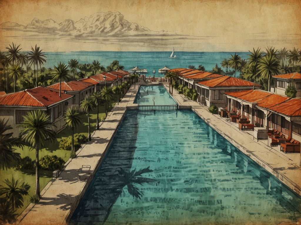 Auf dem Bild ist eine schöne Ferienreise-Destination zu sehen. Es zeigt luxuriöse Bungalows entlang eines großen Pools, umgeben von Palmen und einer malerischen Küstenlandschaft. Im Hintergrund sind sanfte Berge sowie das Meer zu erkennen, das eine entspannende und idyllische Atmosphäre für Urlauber schafft. Die volle Sonne und die kreative Architektur laden zu einem perfekten Urlaub ein.