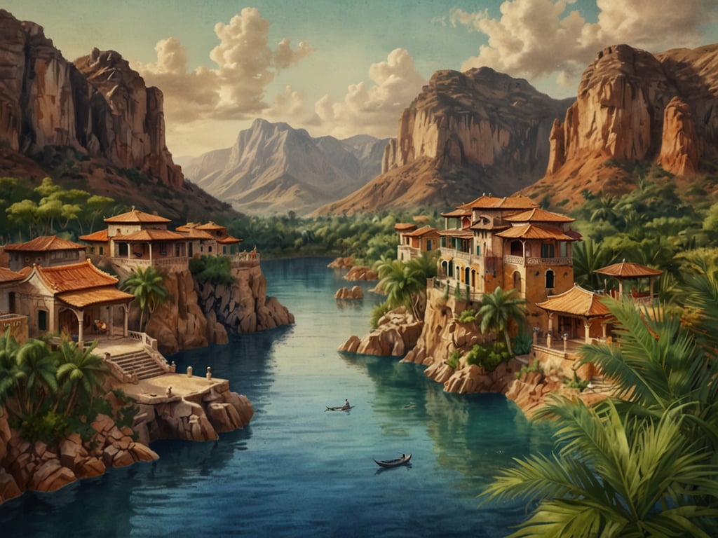 Auf dem Bild sind malerische Villen zu sehen, die an einem ruhigen Gewässer liegen, umgeben von hohen Bergen und üppiger Vegetation. Die Architektur der Gebäude weist asiatische Einflüsse auf, mit Dächern, die leicht nach oben gebogen sind. Die Szene vermittelt eine friedliche und idyllische Atmosphäre, ideal für eine Fernreise zu einem traumhaften Urlaubsort. Schöne Landschaften und kulturelle Highlights laden dazu ein, die Umgebung zu erkunden.
