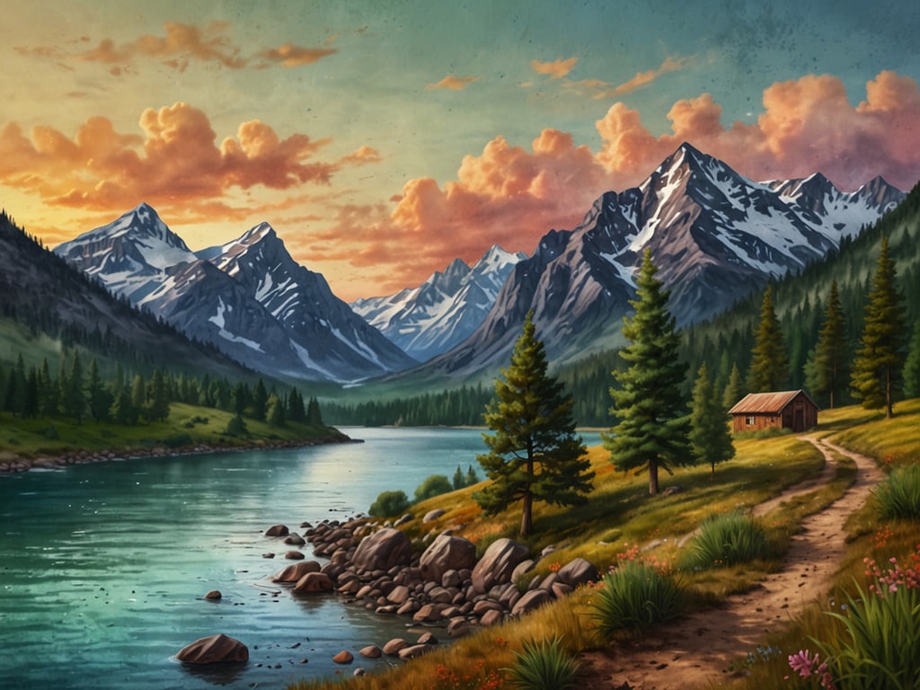 Auf dem Bild ist eine malerische Landschaft zu sehen, die von majestätischen Bergen umgeben ist. Ein ruhiger Fluss schlängelt sich durch die Szenerie, während die warmen Farben des Sonnenuntergangs den Himmel erleuchten. Auf der linken Seite steht ein kleines Holzhaus, umgeben von hohen Bäumen und bunten Blumen. Diese idyllische Umgebung weckt ein starkes Fernweh, da sie zum Erforschen und Entdecken einlädt – ein Ort, an dem man die Ruhe und Schönheit der Natur in vollen Zügen genießen kann.