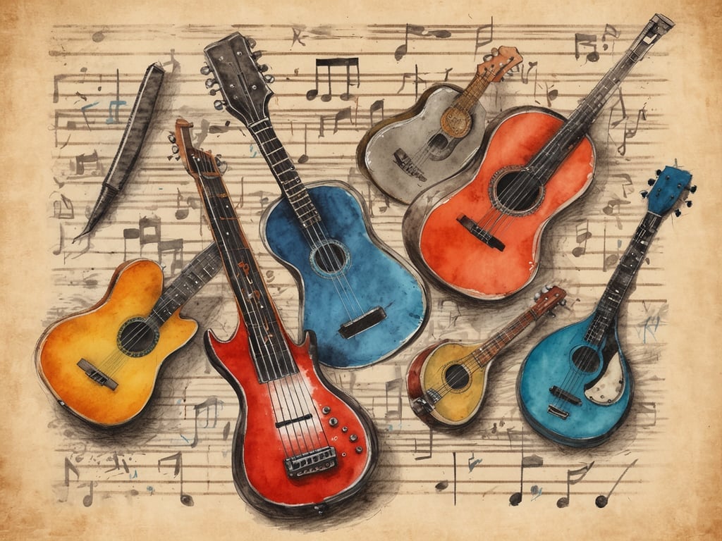 Auf dem Bild sind verschiedene Musikinstrumente, insbesondere Gitarren und Ukulelen, zu sehen, die vor einem Hintergrund aus Notenpapier angeordnet sind. Dies erinnert an die musikalische Atmosphäre vieler Festivals in Belgien, wie zum Beispiel:

1. **Tomorrowland** – ein berühmtes elektronisches Musikfestival, das internationale Künstler anzieht.
2. **Gentse Feesten** – ein kulturelles Festival in Gent mit Musik, Theater und Kunst.
3. **Rock Werchter** – ein angesehenes Rockfestival, das viele internationale Rock- und Popbands präsentiert.

Diese Festivals feiern die Musik und ziehen zahlreiche Besucher an, die die Live-Performances genießen.