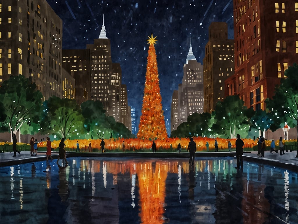 Auf dem Bild ist eine festliche Szene in einer Stadt zu sehen, die von einer beeindruckenden Lichtshow geprägt ist. Ein großer Weihnachtsbaum, geschmückt mit leuchtenden Farben, steht im Mittelpunkt. Um den Baum herum gibt es eine Menge Menschen, die die festliche Atmosphäre genießen. Die Lichter der Gebäude reflektieren sich im Wasser, was einen malerischen Anblick schafft. Die gesamte Umgebung strahlt eine festliche Stimmung aus, und die Lichter sorgen für eine besondere Magie in der Nacht.