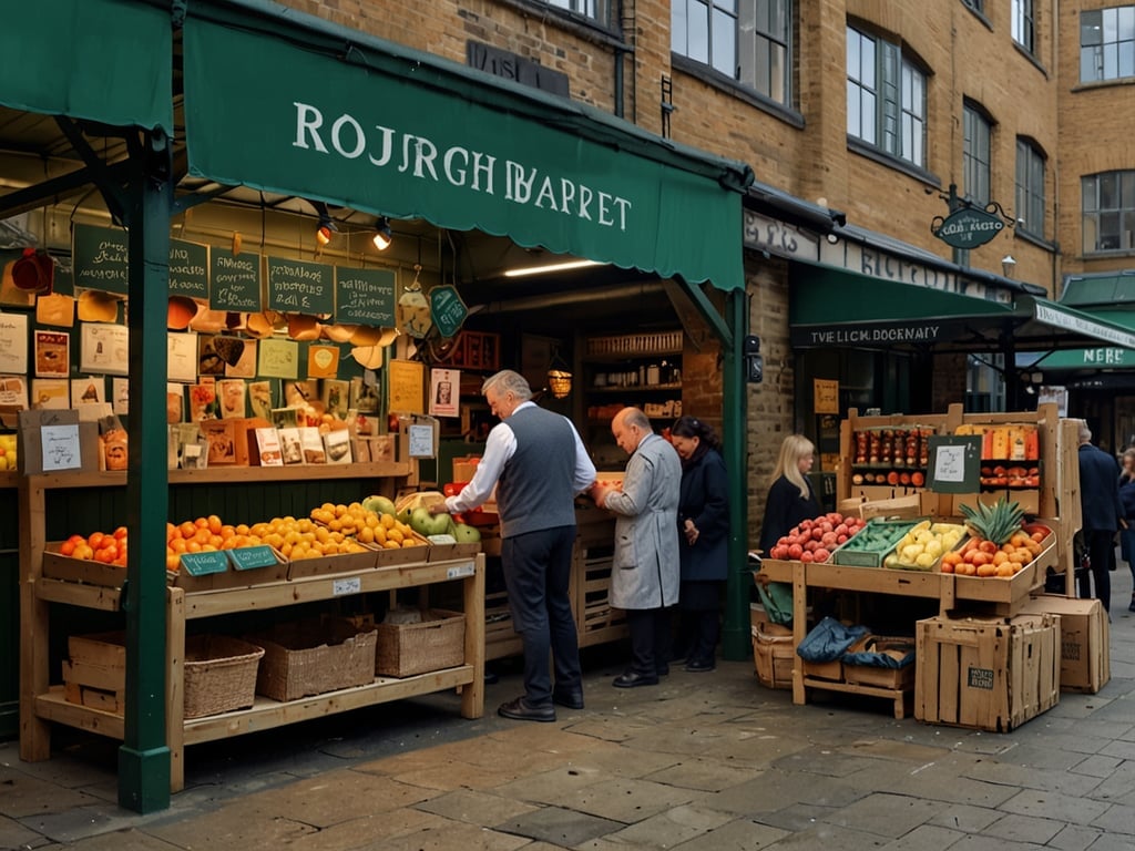 Auf dem Bild ist ein Marktstand im Borough Market zu sehen, der eine Vielzahl von frischen Früchten und anderen Produkten anbietet. Die Stände sind geschmackvoll dekoriert, und es gibt eine bunte Auswahl an Obst wie Äpfel, Orangen und Ananas. 

In der Weihnachtszeit bietet der Borough Market eine besondere Vielfalt an festlichen Angeboten, darunter regionale Spezialitäten, hausgemachte Leckereien und Geschenke. Besucher können sich auf kulinarische Highlights freuen, von traditionellen Weihnachtschocoladen bis hin zu saisonalen Delikatessen. Der Markt schafft eine einladende Atmosphäre, ideal für festliche Einkäufe und genussvolles Schlemmen.
