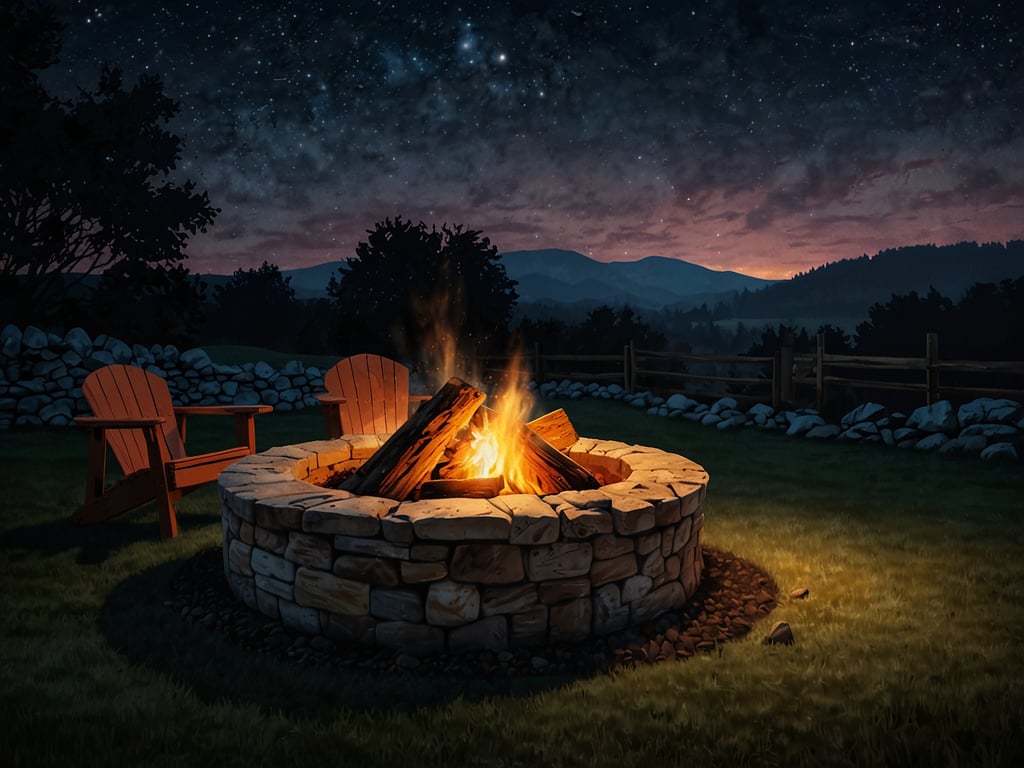 Auf dem Bild ist eine Feuerstelle zu sehen, die von einem Steinhaufen umgeben ist. In der Nähe stehen zwei Holzstühle, und im Hintergrund sind sanfte Hügel und ein sternenhimmel zu erkennen. Die Szene vermittelt eine gemütliche, entspannte Atmosphäre in der Natur.