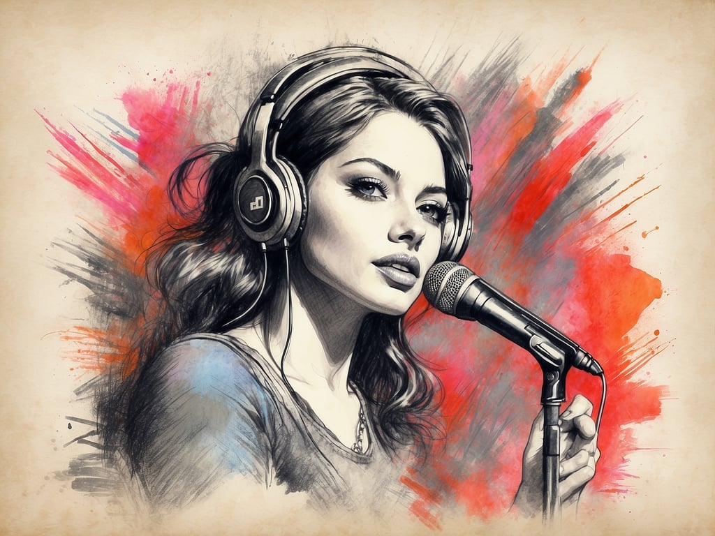 Auf dem Bild ist eine künstlerische Darstellung einer Sängerin zu sehen, die ein Mikrofon hält und Kopfhörer trägt. Diese Szene erinnert an spannende Musikkonzerte oder Talentshows wie 