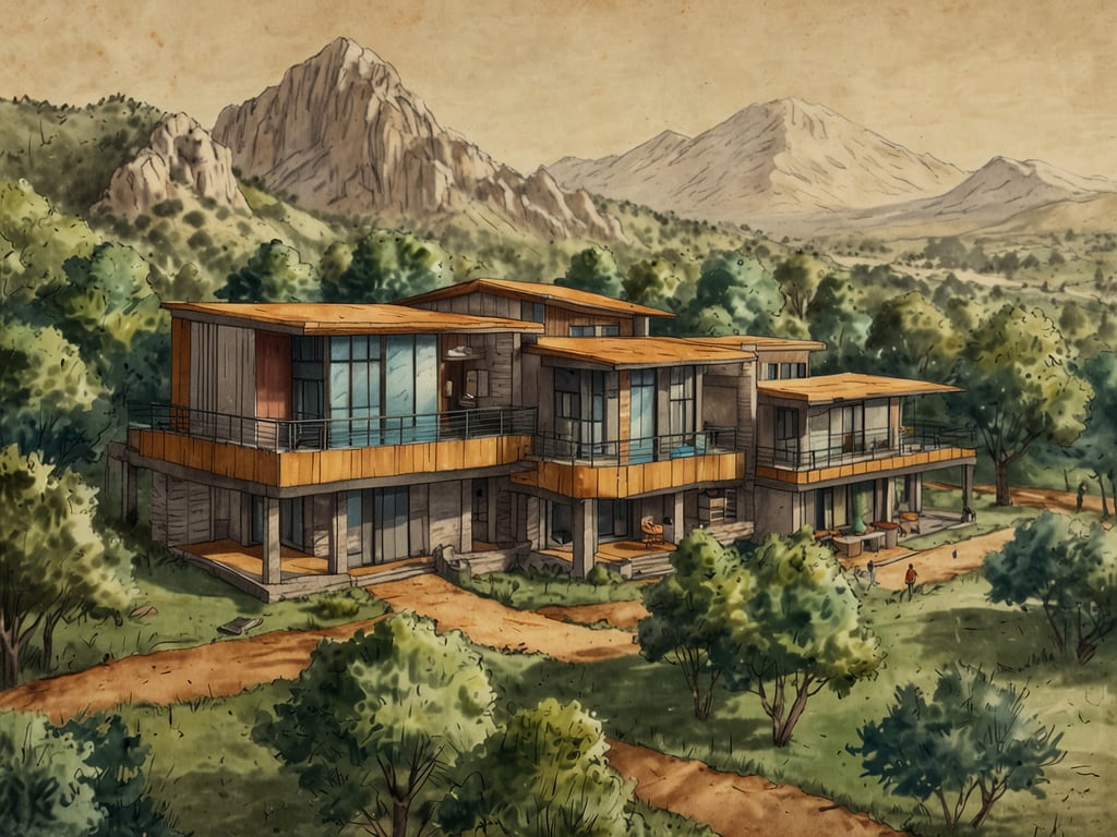 Auf dem Bild ist eine moderne, nachhaltige Unterkunft in einer naturnahen Umgebung zu sehen. Die Architektur kombiniert Holz und Glas und harmoniert mit der umgebenden Landschaft, die von Bergen und Bäumen geprägt ist. Dieses Design spiegelt die Prinzipien des nachhaltigen Tourismus wider, die im Rahmen von FITUR 2025 hervorgehoben werden: Stolz auf nachhaltigen Tourismus – Die Zukunft des Reisens. Solche Unterkünfte fördern umweltfreundliches Reisen und tragen zur Erhaltung der Natur bei, während sie gleichzeitig komfortable Erholungsmöglichkeiten bieten.